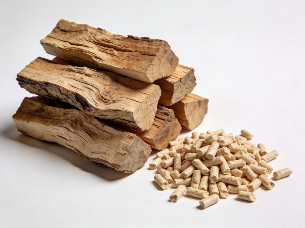 Pellet drzewny obok szczap drewna, idealny do efektywnego ogrzewania. Oferujemy pellet z dostawą do domu, zapewniając wygodę i komfort użytkowania. - Dębe Wielkie