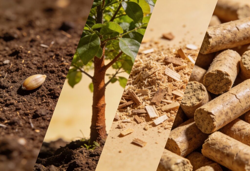 Dąbr&oacute;wka - Zdjęcie ilustrujące proces produkcji pelletu drzewnego: ziarno w glebie, rosnące drzewo, rozdrobnione drewno i gotowy pellet z dostawą.
