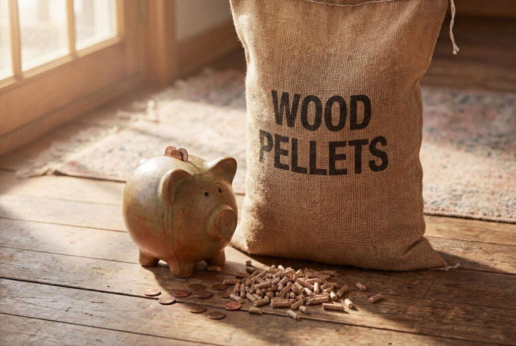 Siennica - Sack with wood pellets next to a piggy bank and scattered coins, symbolizing savings on pellet purchase with delivery options available.