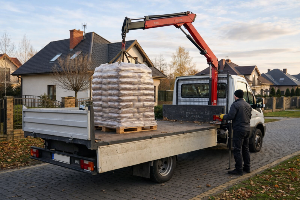 Transport pelletu drzewnego na palecie, dostarczanego za pomocą dźwigu do domu klienta. Widok samochodu dostawczego na ulicy, przygotowującego się do rozładunku. - Halinów