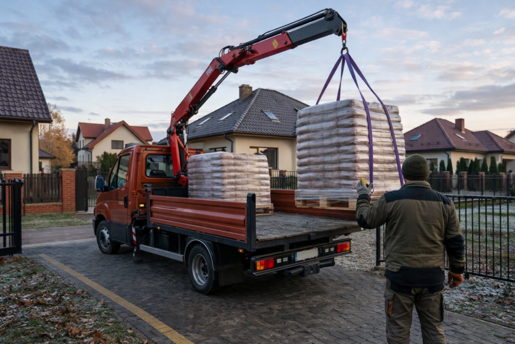 Dostawa pelletu drzewnego na plac przed domem. Samoch&oacute;d ciężarowy z dźwigiem podnosi paletę z pelletem, zapewniając wygodną obsługę zam&oacute;wienia. - Warszawa