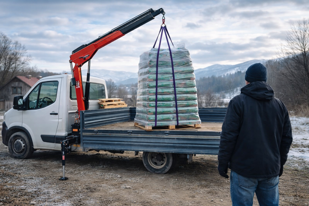 Radzymin - Mężczyzna obserwujący załadunek palety z pelletem drzewnym na samochód dostawczy, idealny do transportu pelletu z dostawą w górzystym terenie.