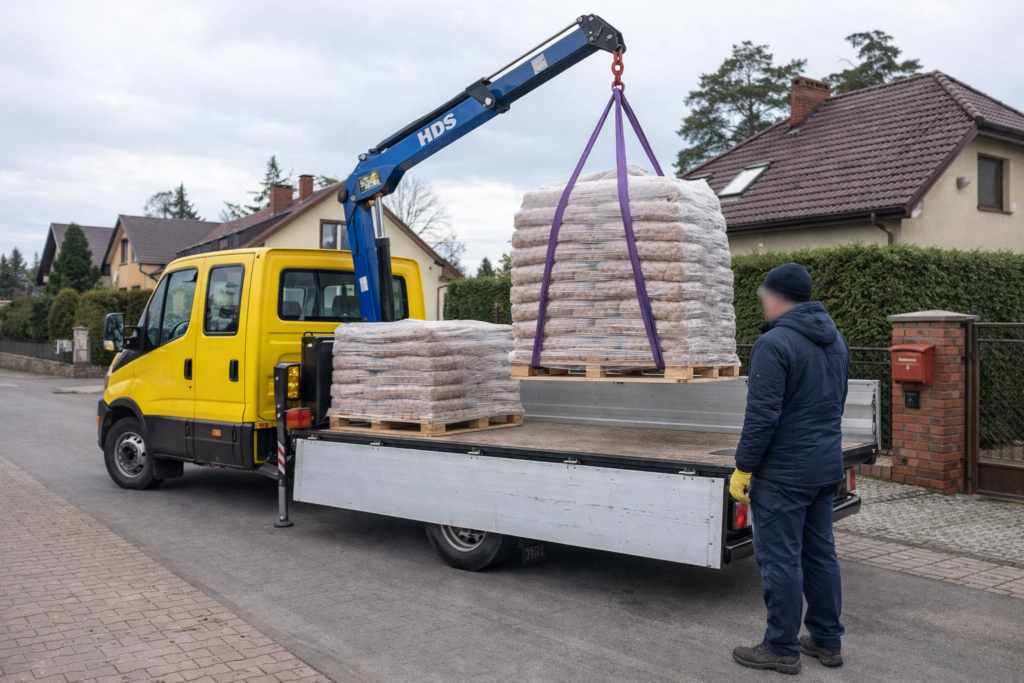 Siennica - Transport pelletu drzewnego z dostawą do domu na palecie przy użyciu dźwigu. Pracownik obsługujący ciężarówkę pomaga w załadunku, zapewniając wygodną i efektywną dostawę paliwa opałowego.