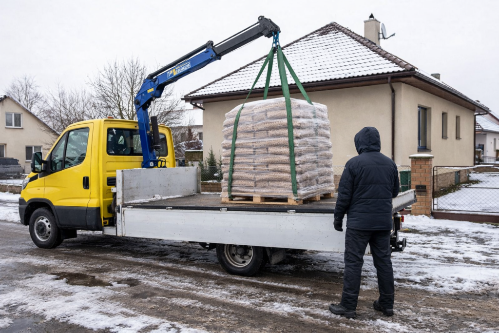 Warszawa - Dostawa pelletu drzewnego przy użyciu podnośnika na samochodzie dostawczym, na tle zimowego krajobrazu. Klient oczekuje na rozładunek paczki z pelletami.