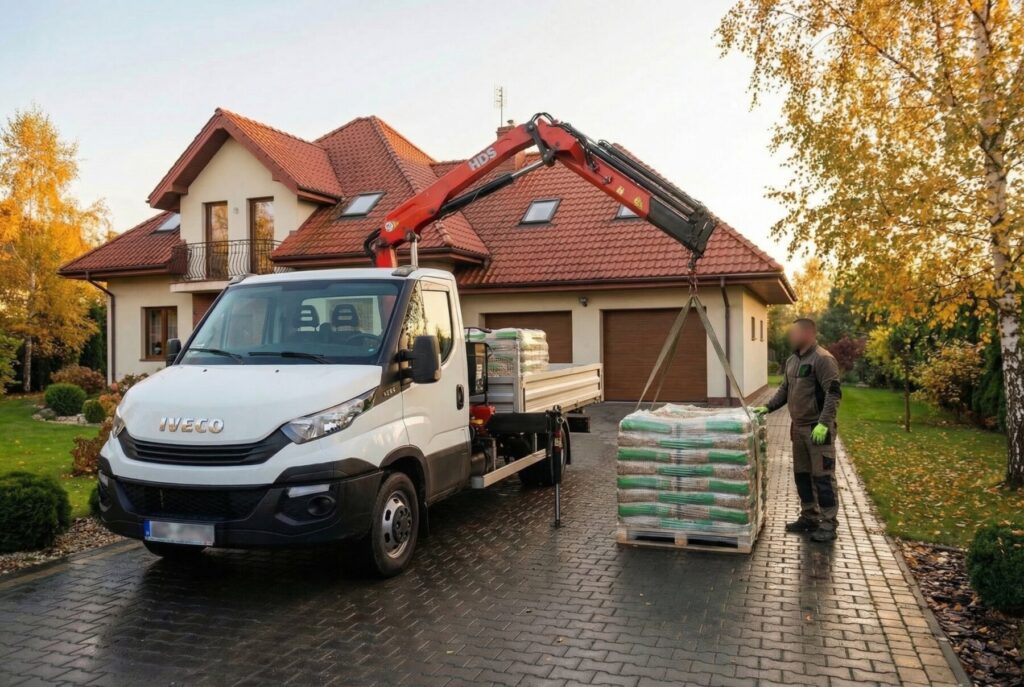 Mińsk Mazowiecki - Dostawa pelletu drzewnego do domu. Na zdjęciu widoczny jest samoch&oacute;d dostawczy z paletą pelletu, a pracownik przygotowuje towar do rozładunku. Idealne rozwiązanie dla os&oacute;b szukających wygodnej dostawy pelletu.