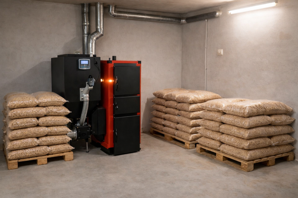 Wołomin - Kocioł na pellet z workami pelletu drzewnego ułożonymi na paletach w nowoczesnym pomieszczeniu. Idealne rozwiązanie dla os&oacute;b szukających skutecznego źr&oacute;dła ciepła z dostawą pelletu.
