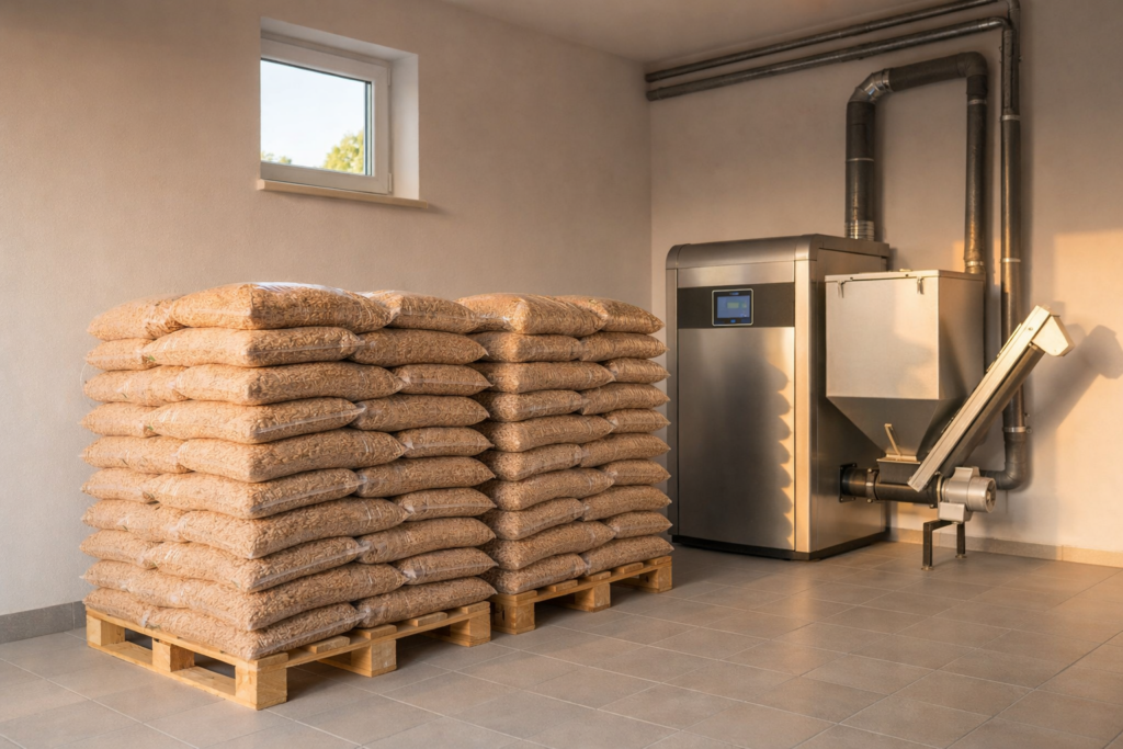 Klemb&oacute;w - Stosy work&oacute;w z pelletem drzewnym obok nowoczesnego pieca na pellet w jasnym pomieszczeniu, idealne dla użytkownik&oacute;w szukających efektywnego źr&oacute;dła ciepła z dostawą pelletu.