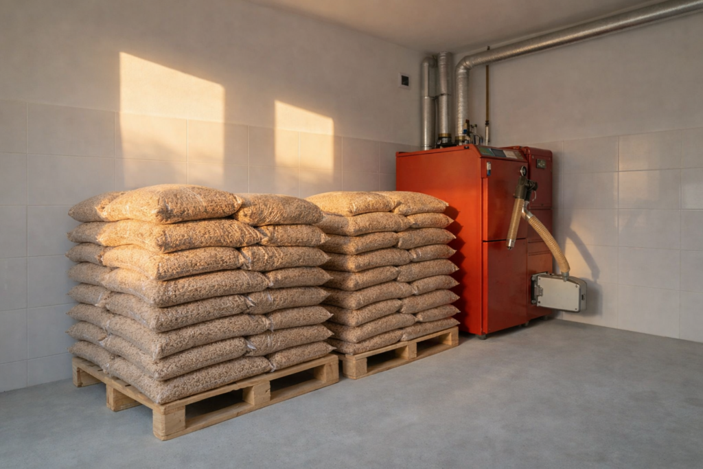 Magazyn pelletu drzewnego w nowoczesnym pomieszczeniu z piecem na pellet. Widoczne worki z pelletem na paletach, idealne do efektywnego ogrzewania. Dostarczamy pellet z dostawą pod wskazany adres. - Jad&oacute;w