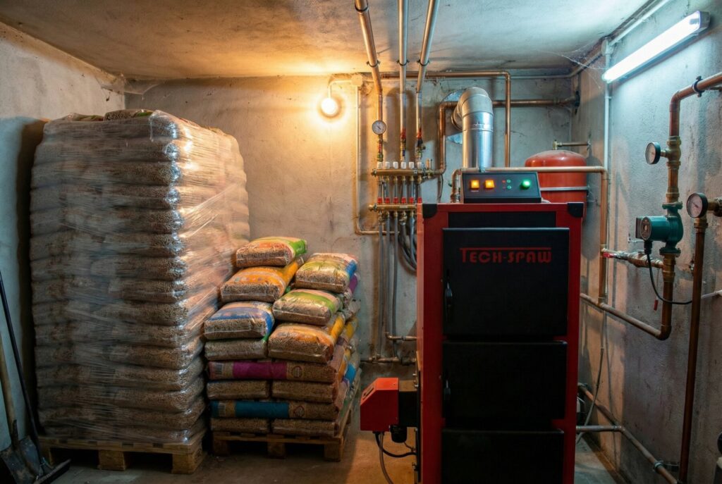 Wnętrze kotłowni z piecem na pellet i paletami pelletu drzewnego. Widoczne worki z pelletem na podłodze oraz system grzewczy. Idealne rozwiązanie do ogrzewania domów z możliwością dostawy pelletu. - Latowicz