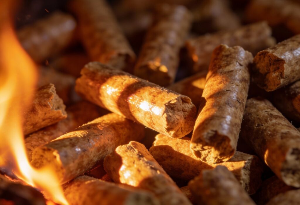 Widok na pellet drzewny palący się w kominku, idealny do ogrzewania. Wysokiej jakości pellet z dostawą, zapewniający efektywne spalanie i niską emisję spalin. - Klemb&oacute;w