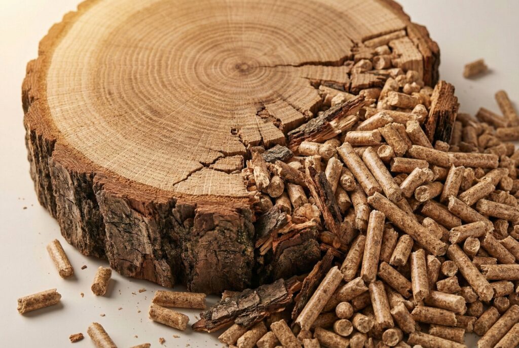 Zdjęcie przedstawia stertę pelletu drzewnego obok przekroju pnia drzewa, ilustrując naturalne źródło surowca do produkcji pellets z dostawą. - Mrozy