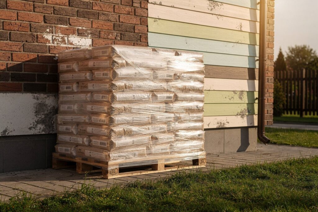 Paleta z drewnianym pelletem, zapakowana w folię, stojąca obok kolorowej elewacji budynku. Doskonała opcja na pellet z dostawą dla gospodarstw domowych. - Siennica