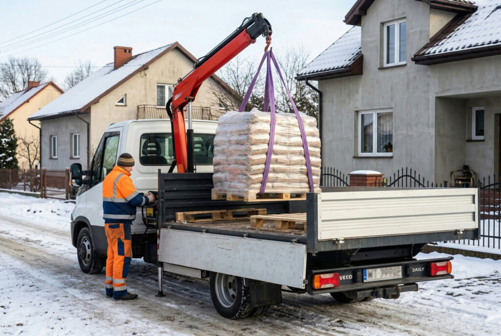 Kobyłka - Dostawa pelletu drzewnego w zimowej scenerii. Samoch&oacute;d dostawczy z dźwigiem podnosi paletę z pelletem, co ilustruje proces transportu opału do klient&oacute;w.