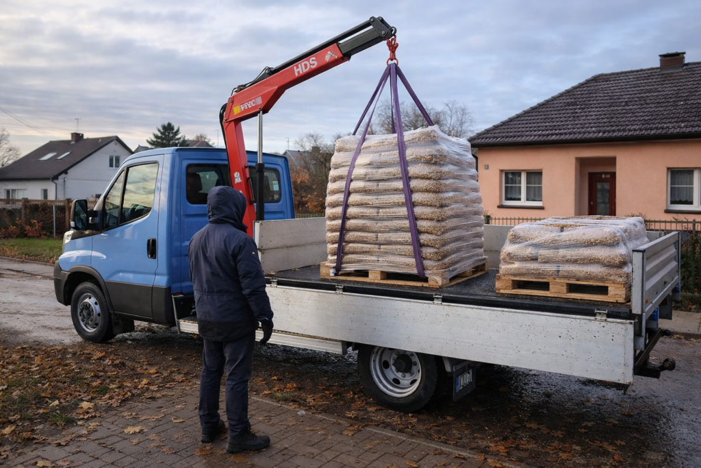 Dostawa pelletu drzewnego za pomocą samochodu dostawczego, z widocznym dźwigiem podnoszącym paletę z workami. Idealny sposób na zamówienie pelletu z dostawą do domu. - Marki