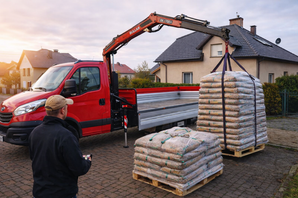 Dostawa pelletu drzewnego za pomocą ciężar&oacute;wki, z widać podnoszącym się dźwigiem i paletami z pelletami na zewnątrz domu. - Klemb&oacute;w