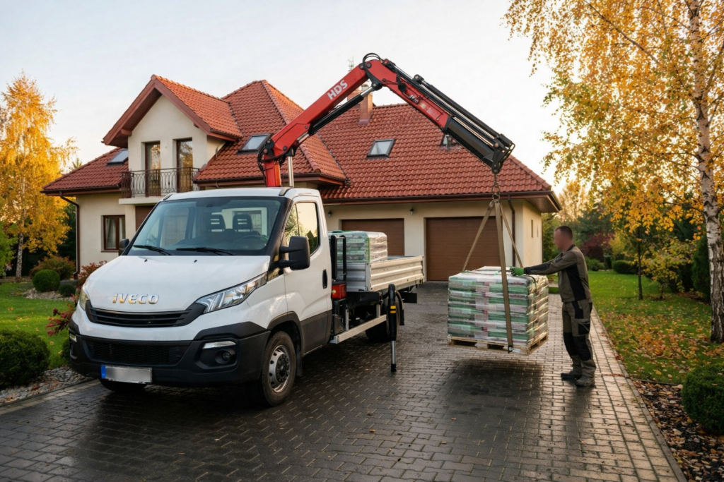 Zielonka - Dostawa pelletu drzewnego do domu, ciężar&oacute;wka z dźwigiem podnoszącym paletę z pelletem na podjeździe.