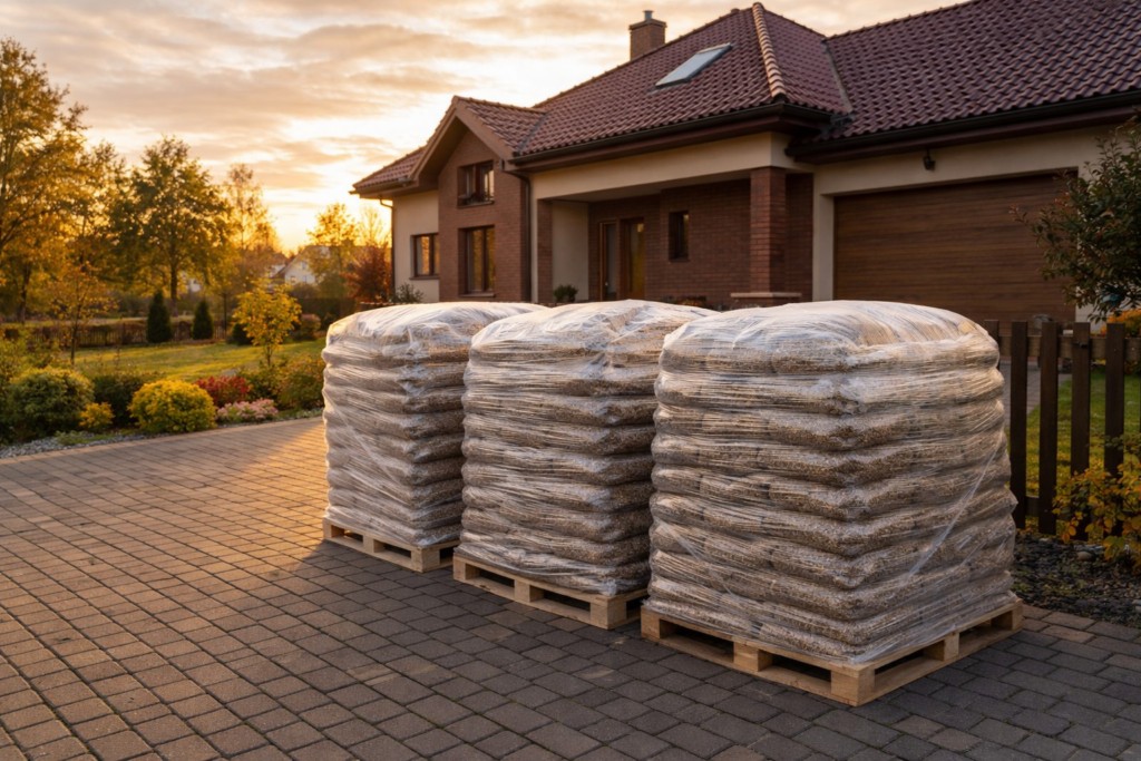 Stosy opakowanego pelletu drzewnego na paletach przed nowoczesnym domem, idealne dla osób szukających wygodnej dostawy paliwa do kominka i pieca. - Kałuszyn